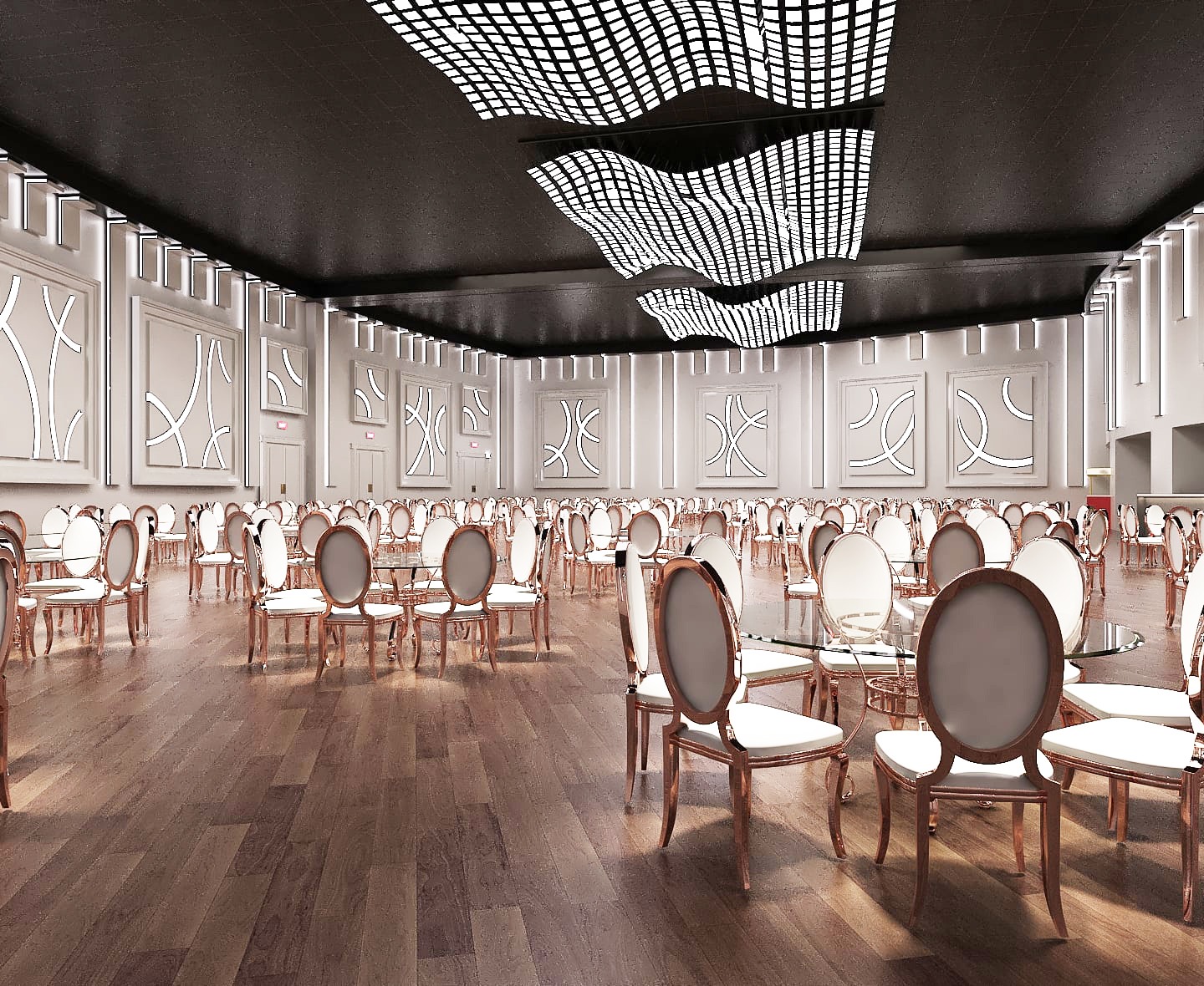 Modern ballroom floor layout with illuminated wall detailing at Palacio Event Centre